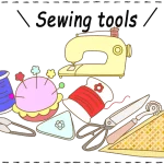ミシンや待ち針、ハサミなどの裁縫道具のイラスト